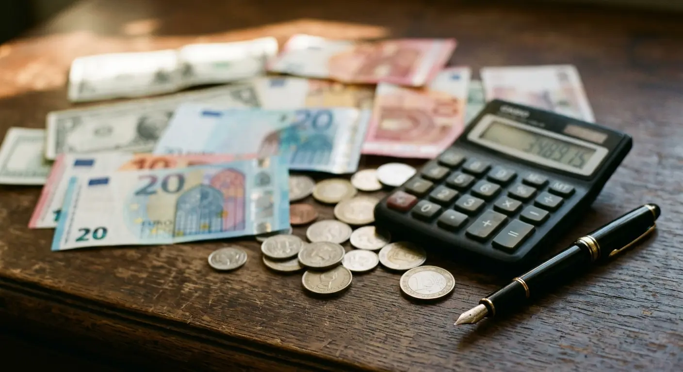 World banknotes, loose coins and a calculator on a wooden desk
