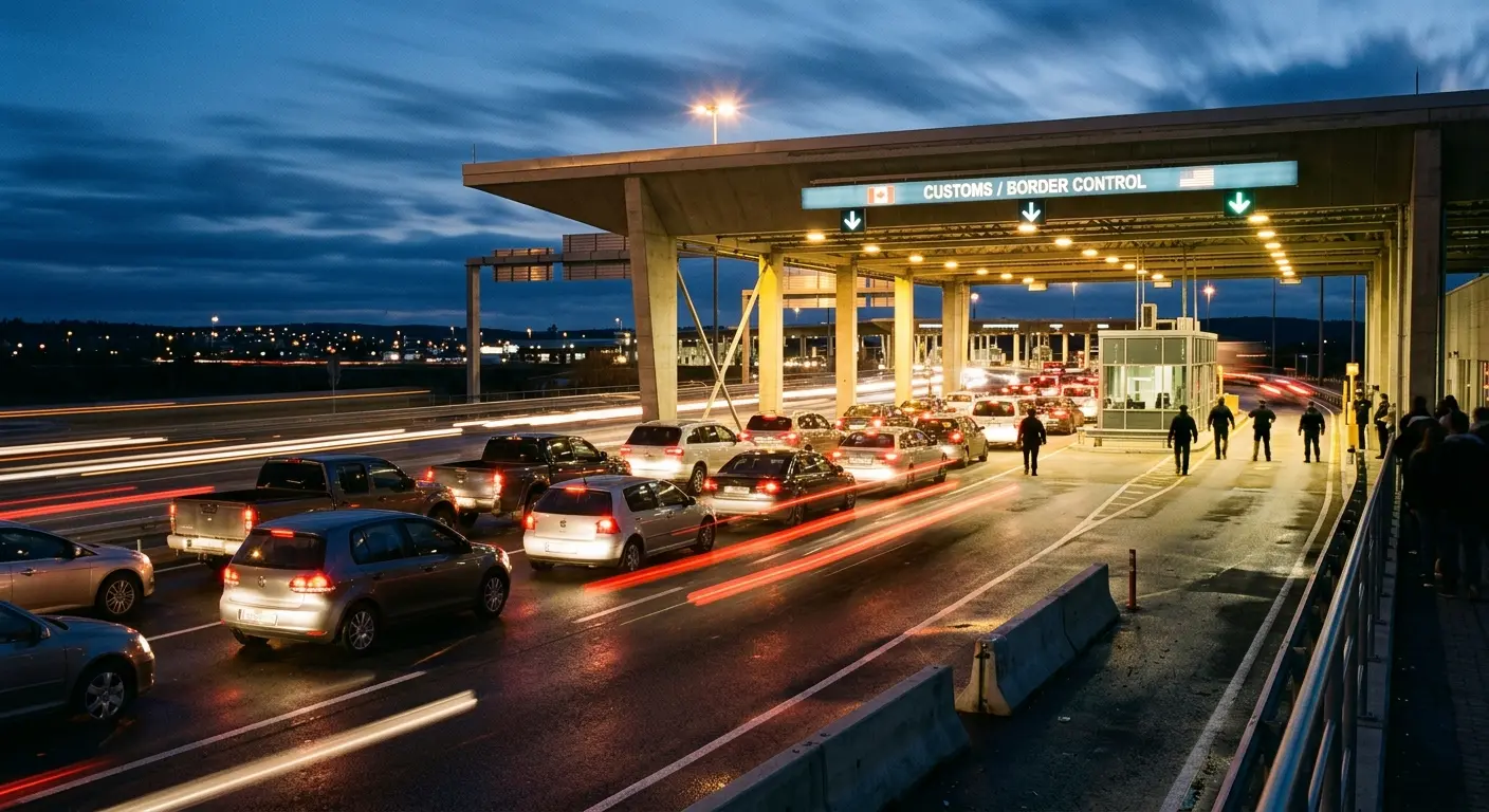 Cars queuing at an illuminated border checkpoint at dusk