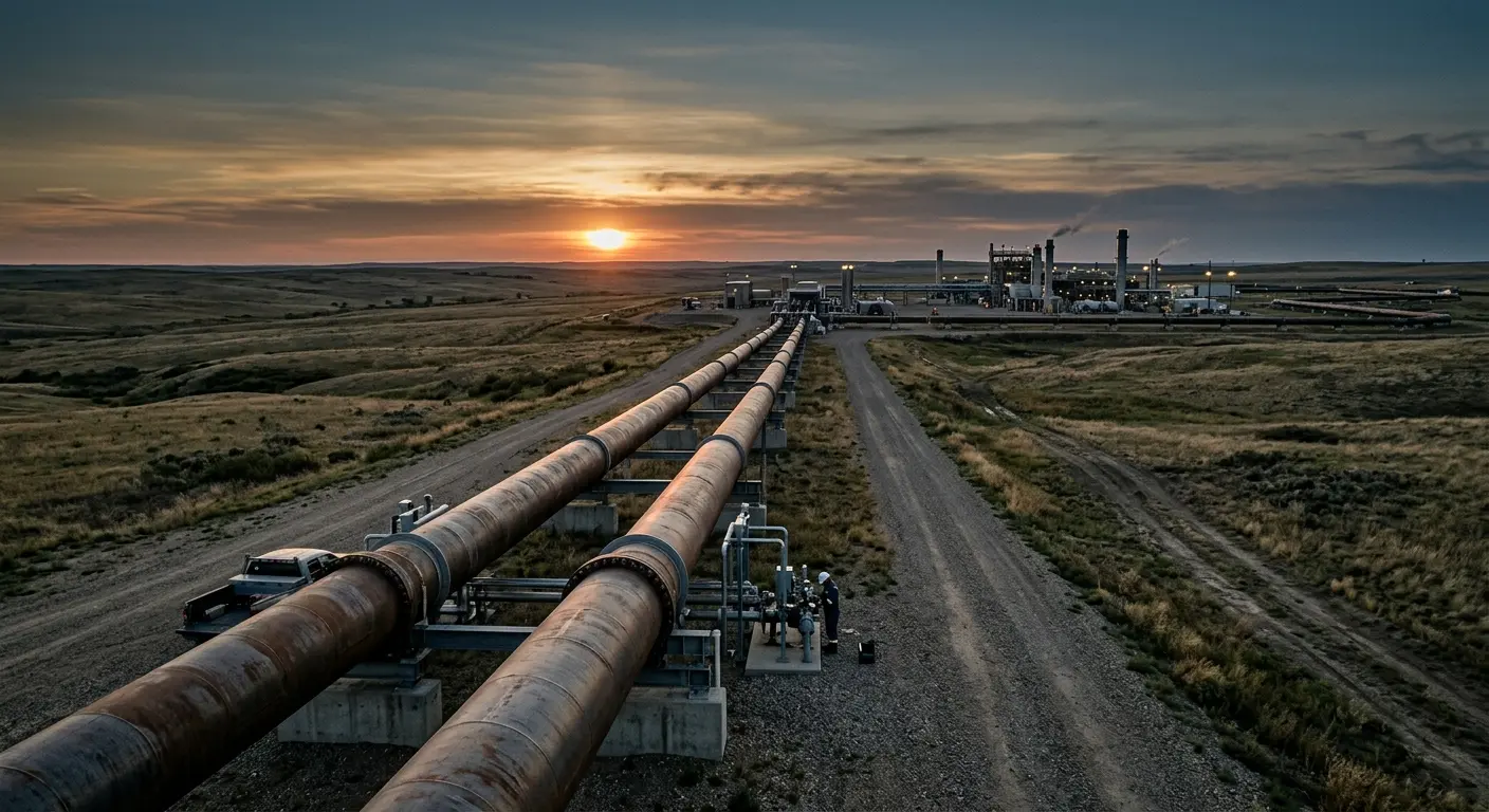 Steel pipelines crossing open land at sunset