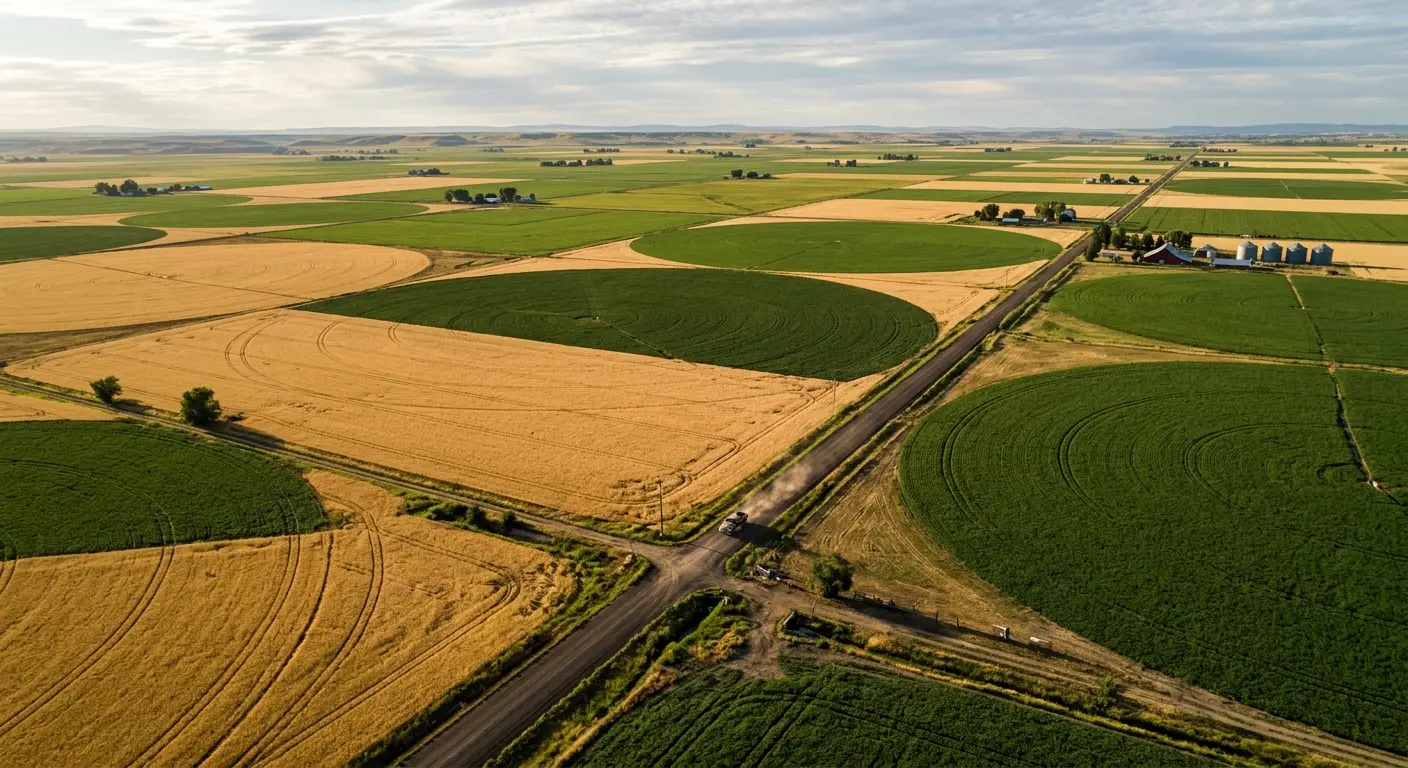 Aerial view of irrigated farmland divided into geometric fields