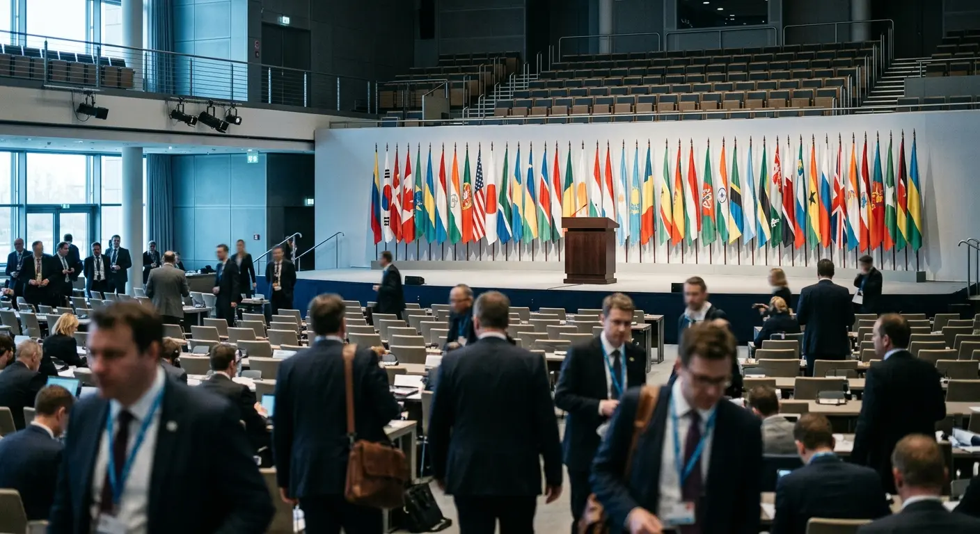National flags line a summit stage behind an empty podium in a large assembly hall
