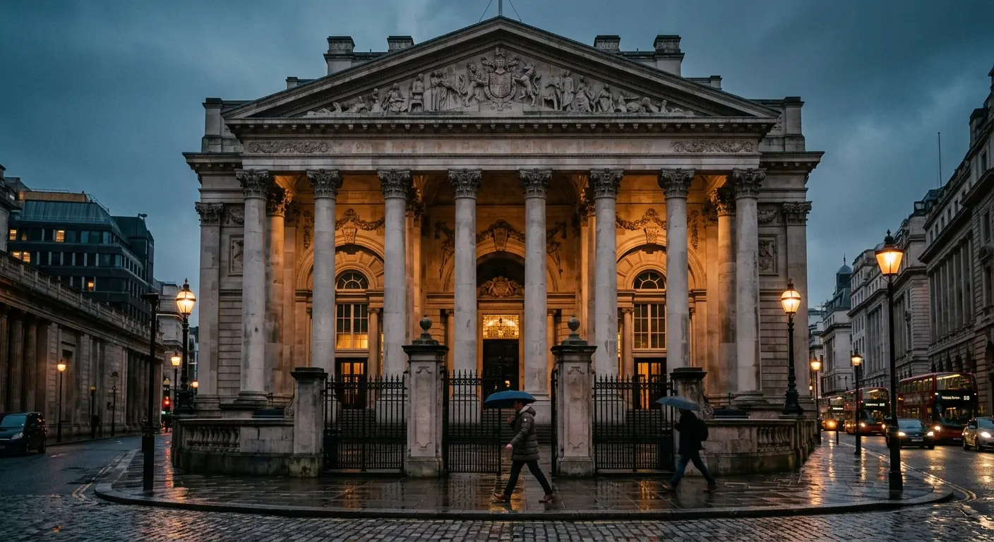 Neoclassical central bank building with columns photographed at dusk