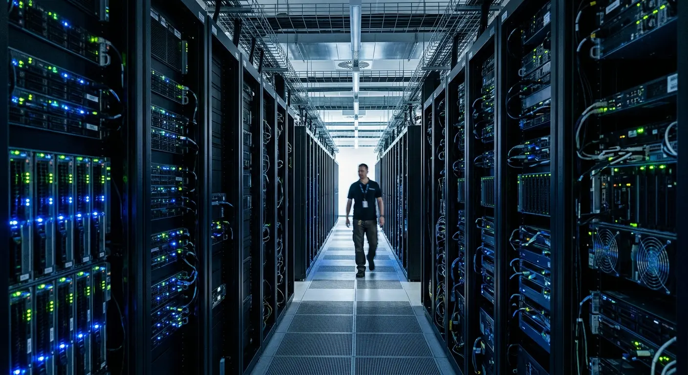 Aisle of glowing server racks in a data center