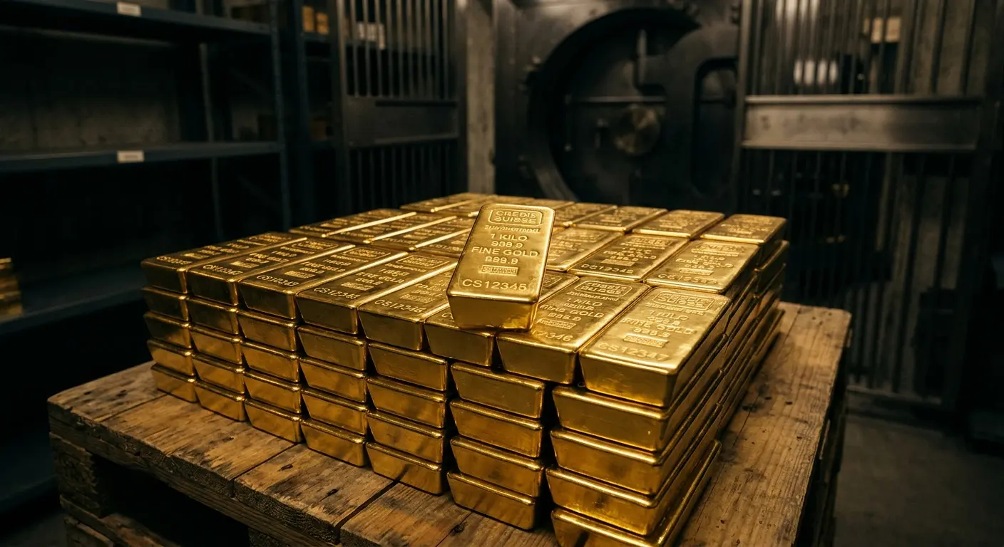 Gold bullion bars stacked inside a bank vault