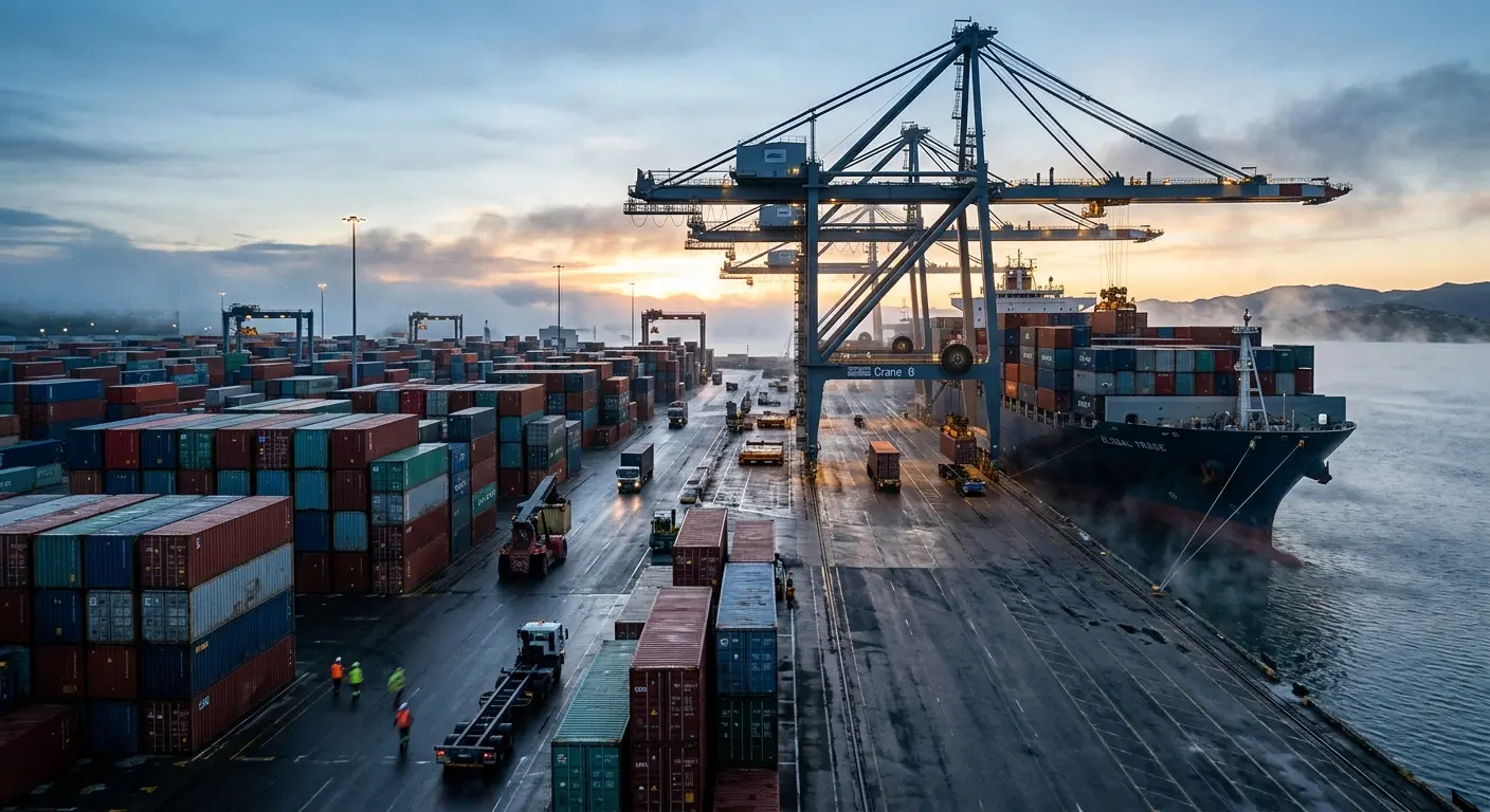 Container terminal at dawn with cranes and a cargo ship at berth